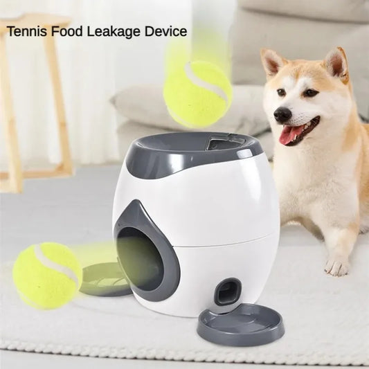 the TENNIS BALL THROWER & TREAT REWARDER - Pet Interactive Toy 2 in 1 Tennis Ball Throwing Training Food Reward Machine Dog Interactive Training Smart Automatic Feeder