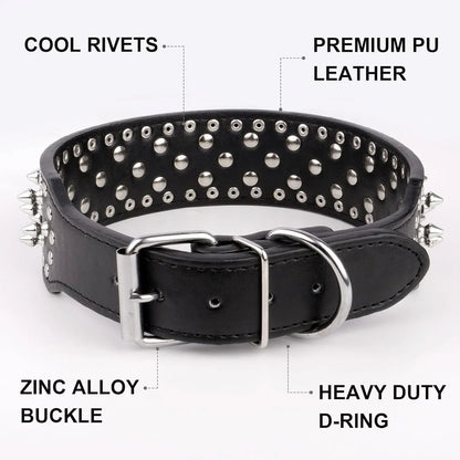 the SPIKE COLLAR - 2inch Wide Skull Spiked Studded Leather Large Dog Collars