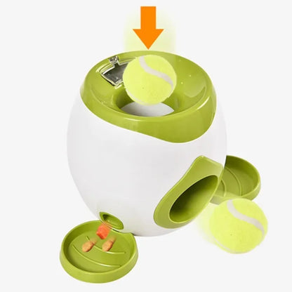 the TENNIS BALL THROWER & TREAT REWARDER - Pet Interactive Toy 2 in 1 Tennis Ball Throwing Training Food Reward Machine Dog Interactive Training Smart Automatic Feeder