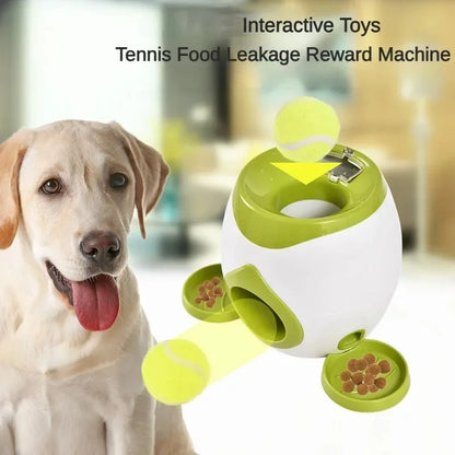 the TENNIS BALL THROWER & TREAT REWARDER - Pet Interactive Toy 2 in 1 Tennis Ball Throwing Training Food Reward Machine Dog Interactive Training Smart Automatic Feeder