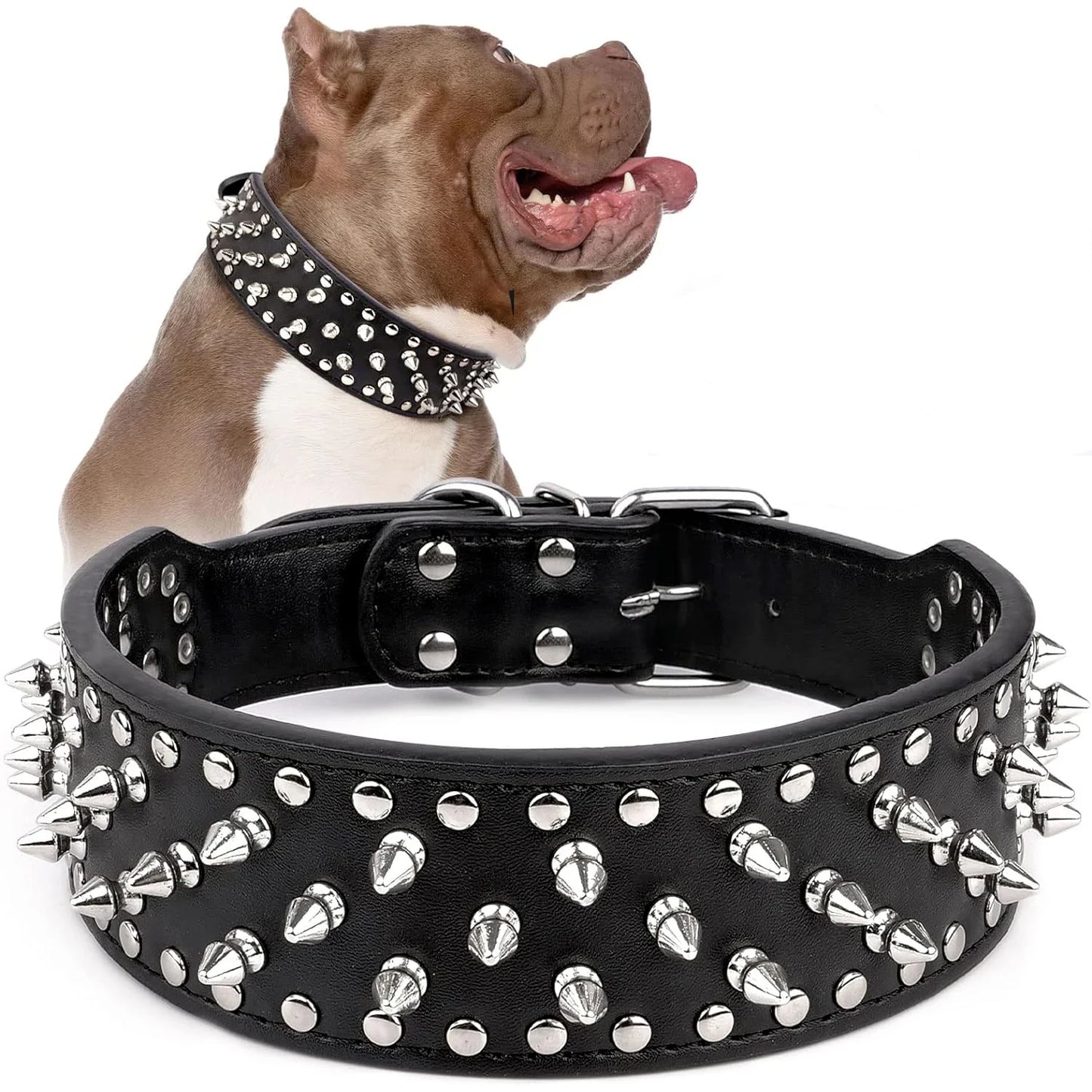 the SPIKE COLLAR - 2inch Wide Skull Spiked Studded Leather Large Dog Collars